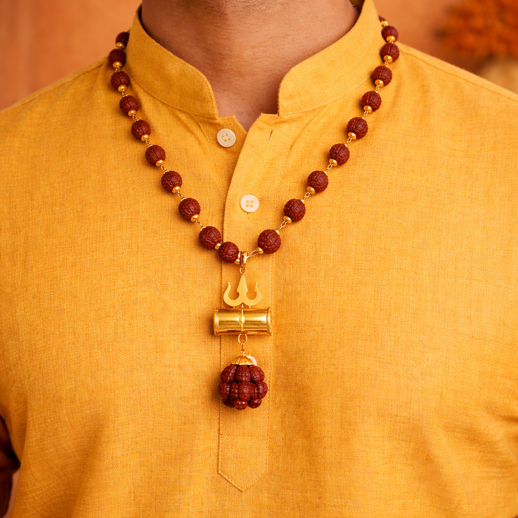Rudraksha Trishool Necklace (Gold Plated)
