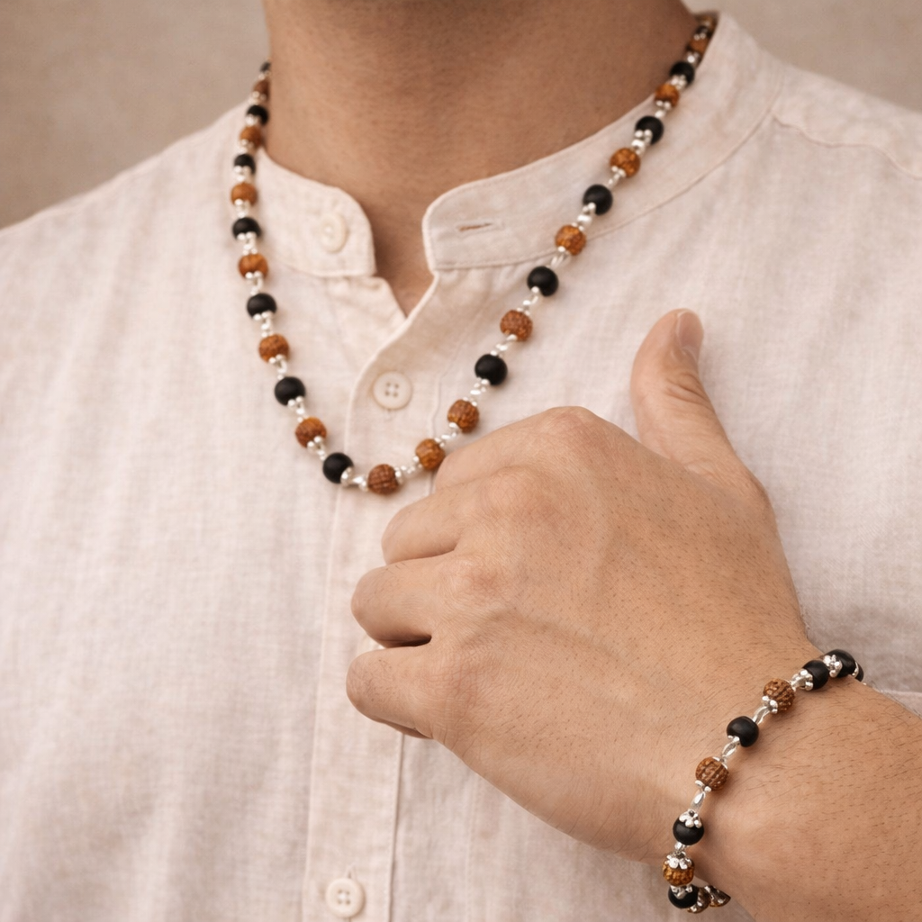 Rudraksha Karungali Mala + Bracelet Combo (Silver Plated)