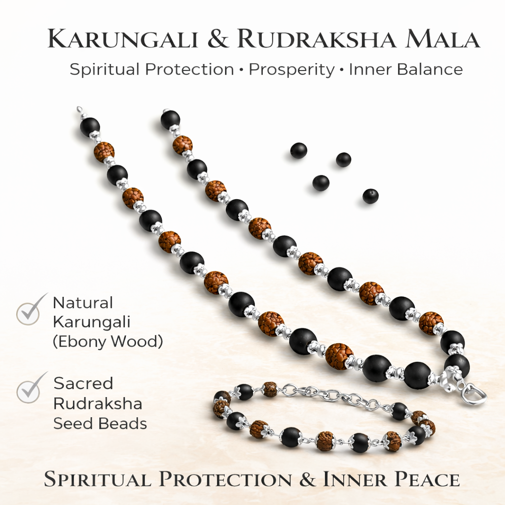 Rudraksha Karungali Mala + Bracelet Combo (Silver Plated)