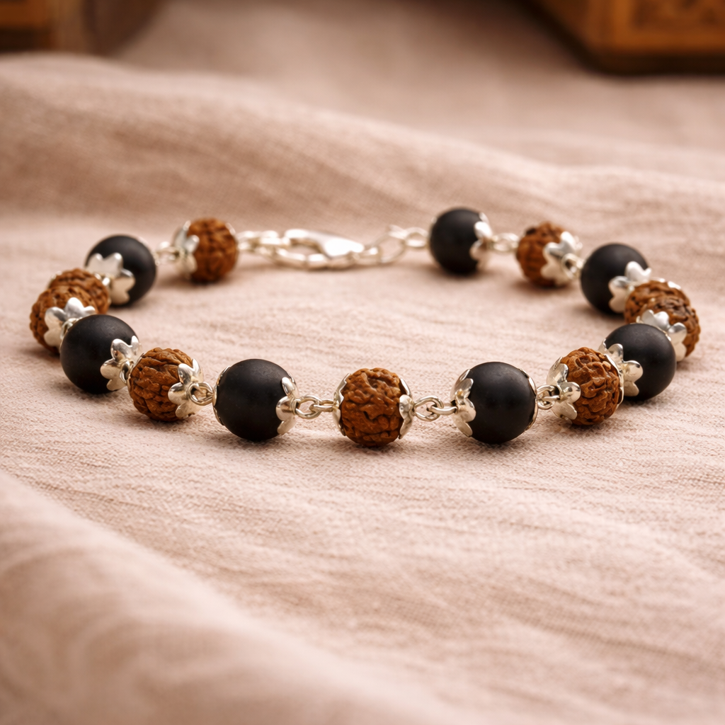 Rudraksha Karungali Mala + Bracelet Combo (Silver Plated)