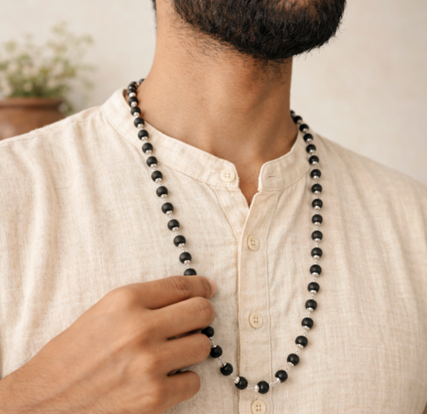 Karungali Malai Silver Cap Necklace