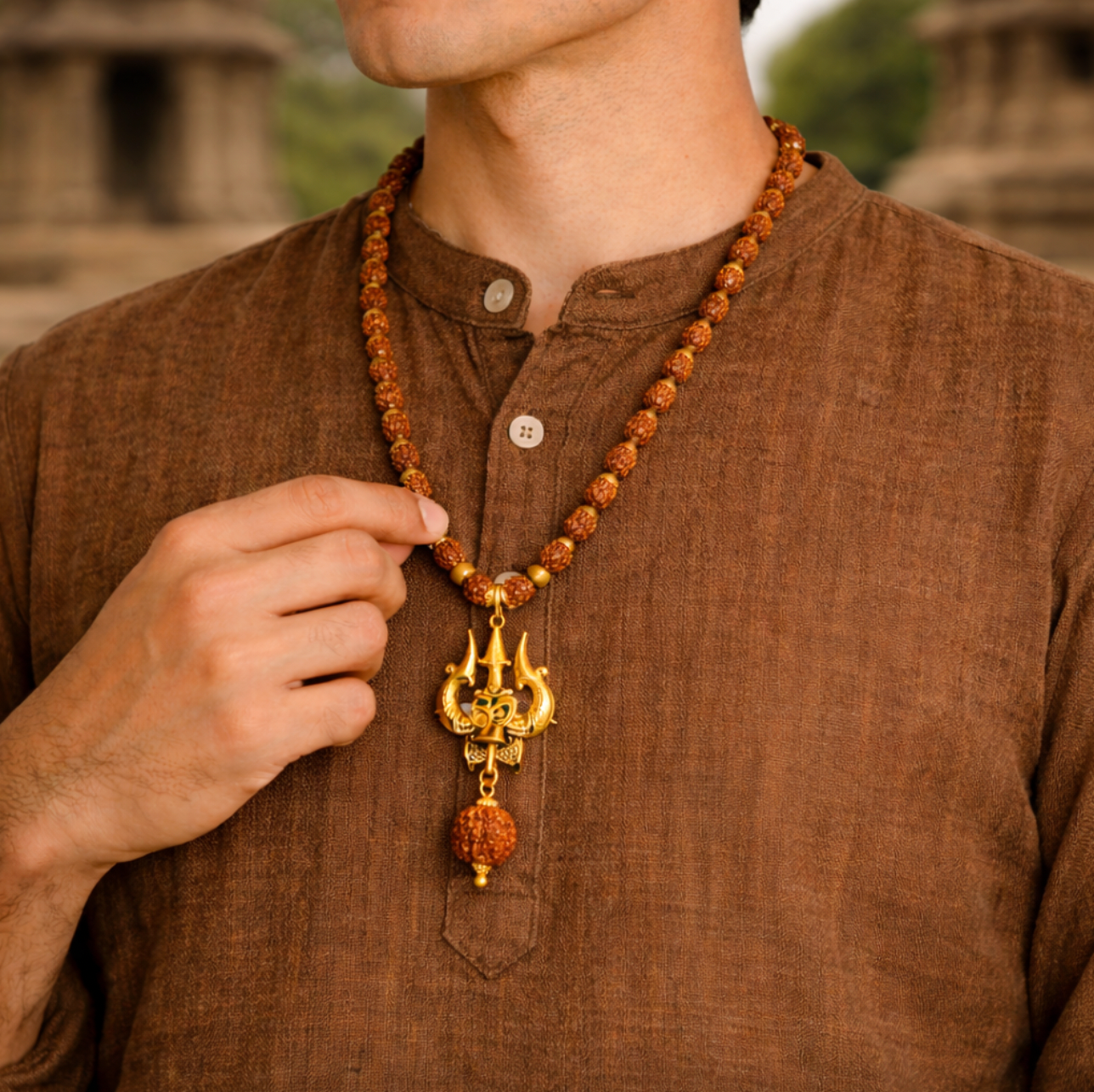 Gold Plated Rudraksha Om Trishool Necklace