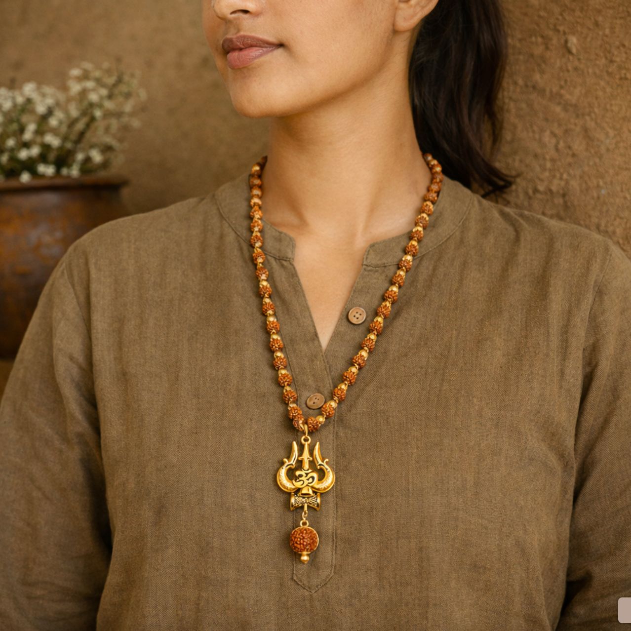 Gold Plated Rudraksha Om Trishool Necklace
