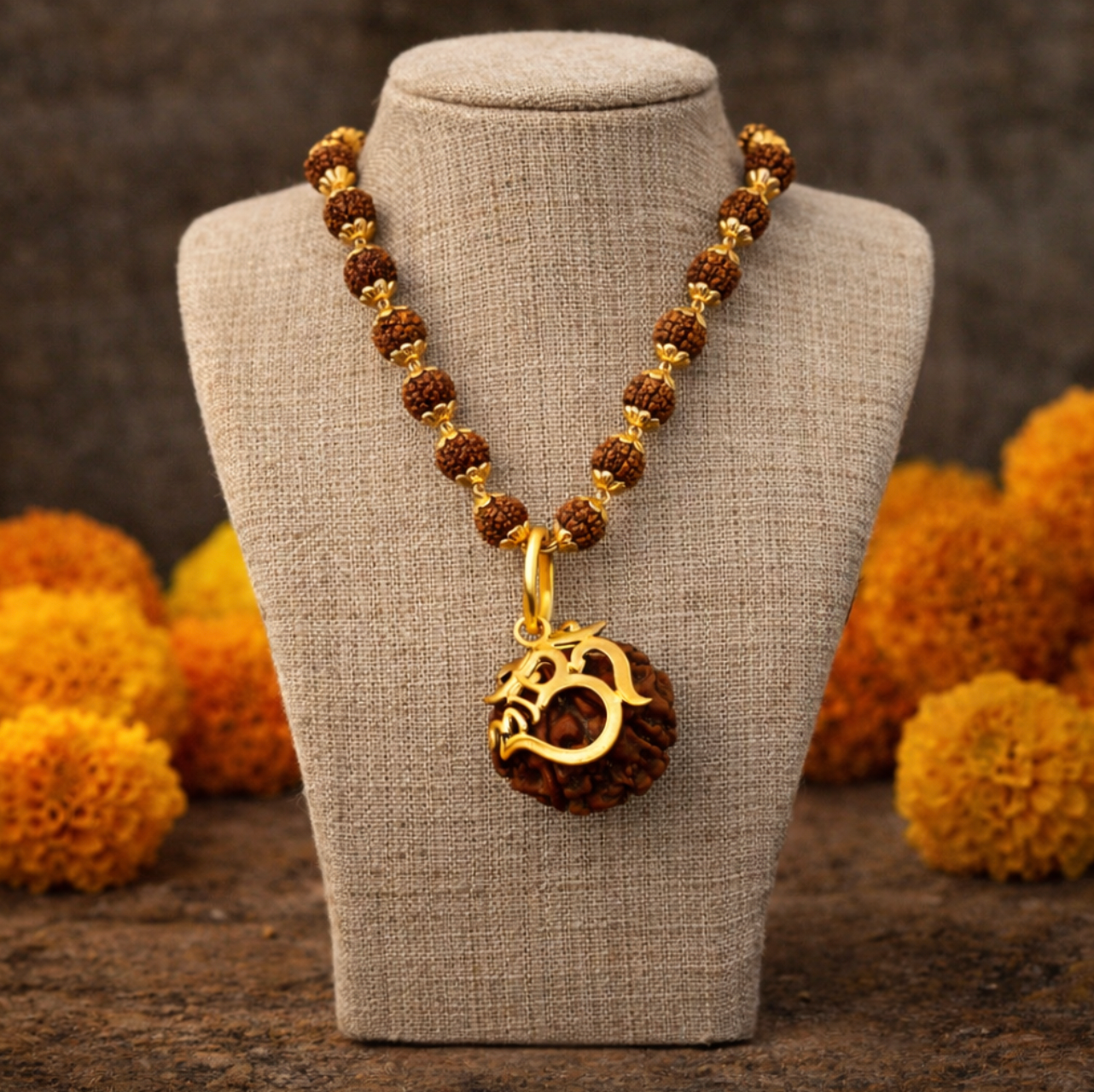 Om Rudraksha Necklace Design (Gold Plated)