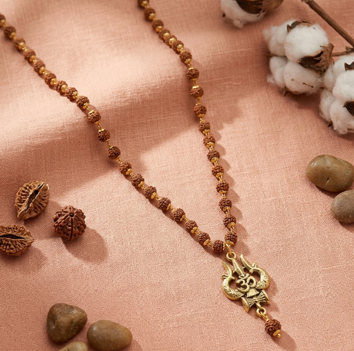 Gold Plated Rudraksha Om Trishool Necklace