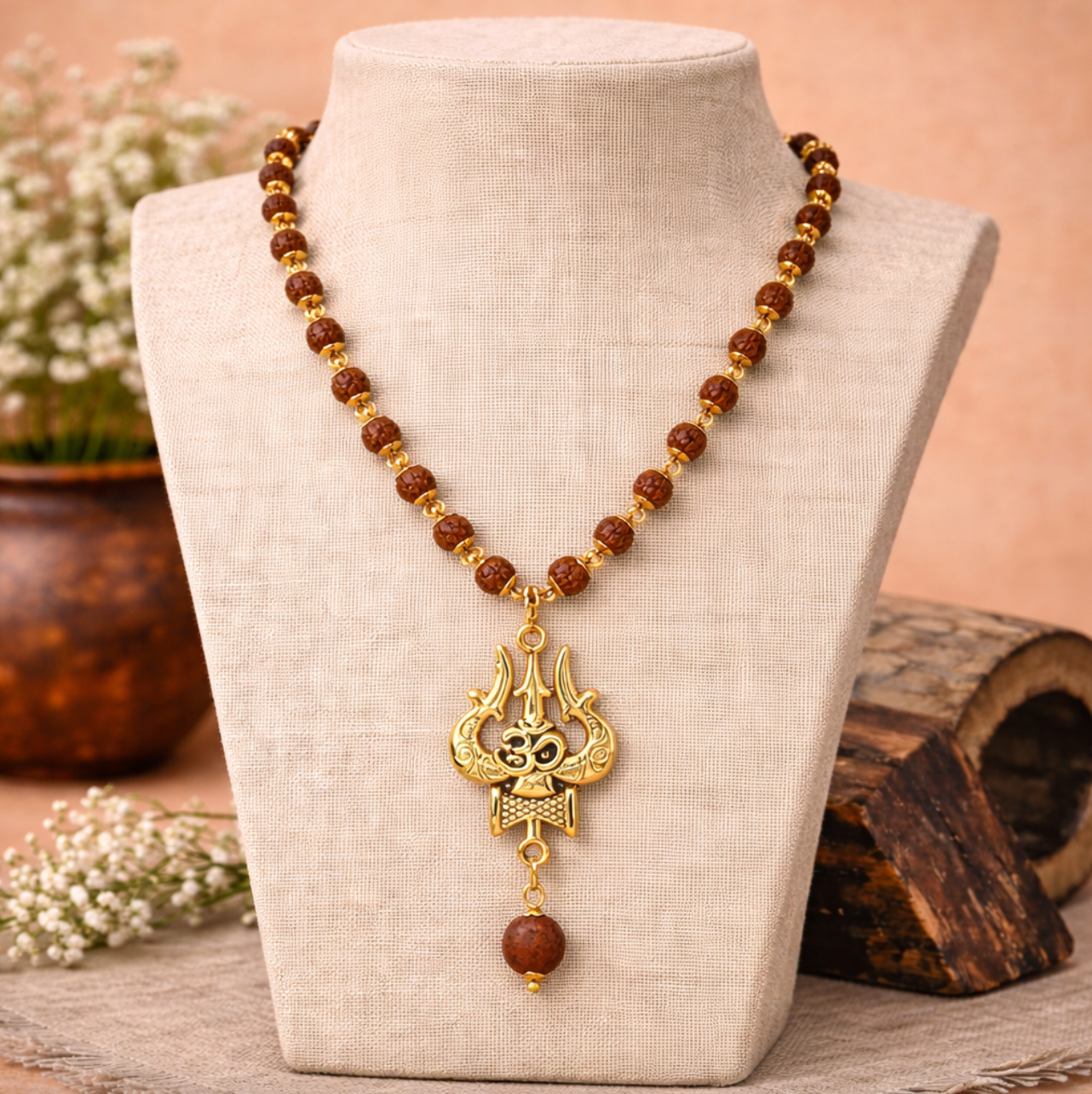 Gold Plated Rudraksha Om Trishool Necklace